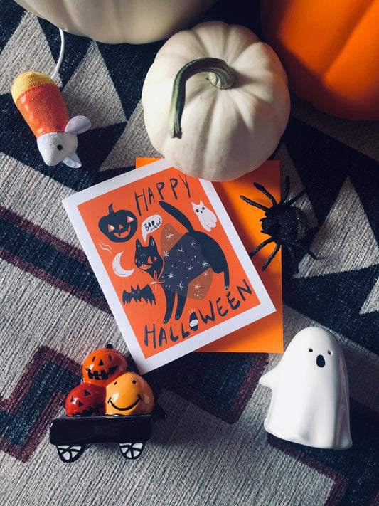 the spooky cat happy halloween blank greeting card