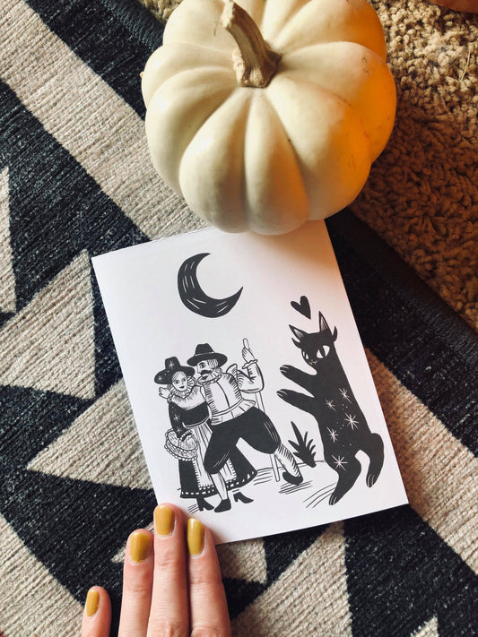 demon cat and witch blank greeting card