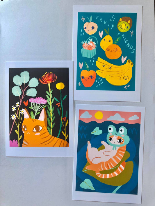 the brightly colored 5x7 cat themed prints