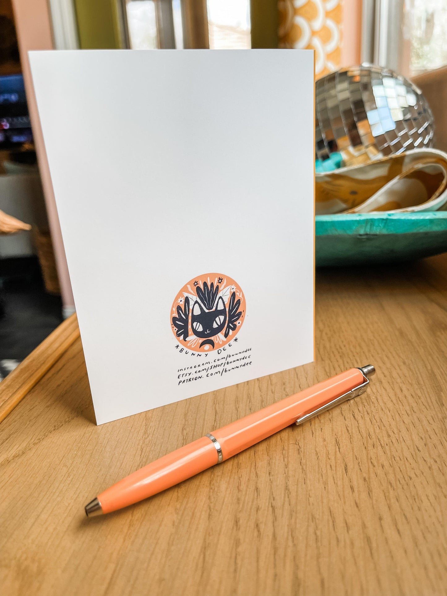 blue flower and cat blank greeting card