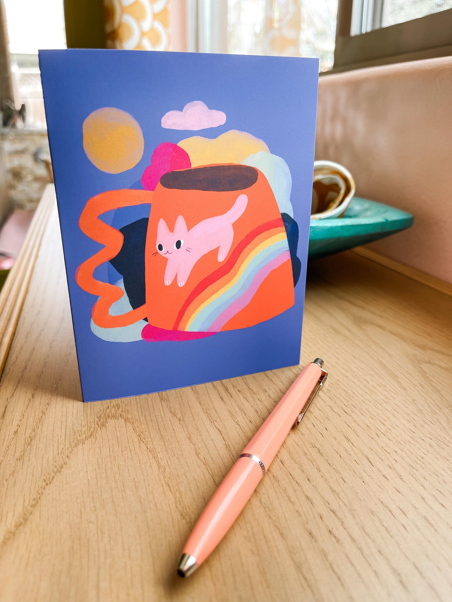 rainbow mug cat blank greeting card