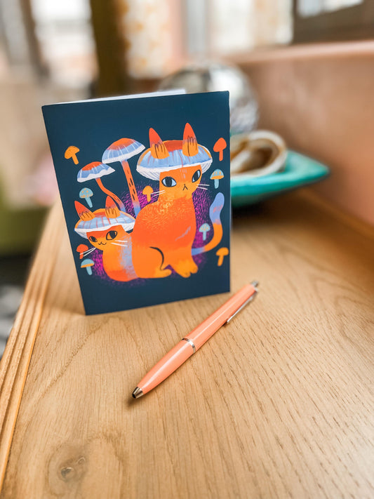 orange mushroom twin cats blank greeting card