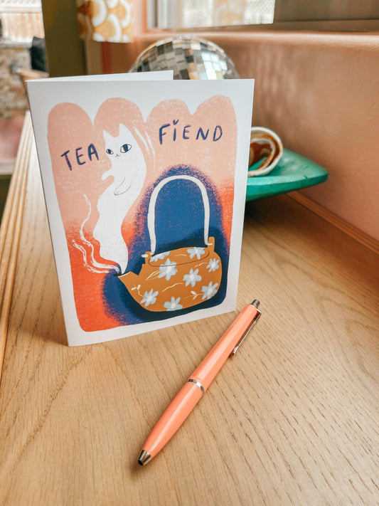 tea fiend cat blank greeting card