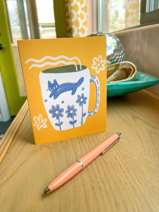 blue flower and cat blank greeting card