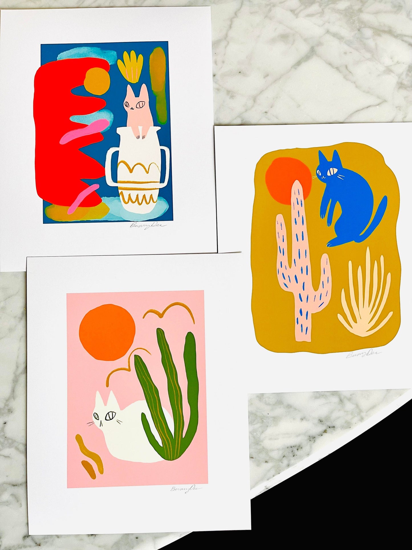 the pink cat rising sun matisse style matte print