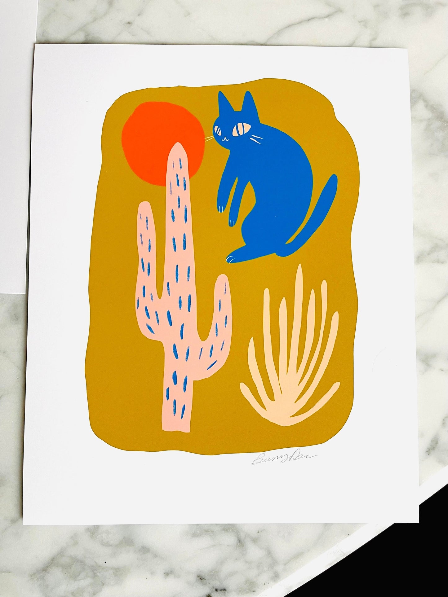 pink cactus blue cat matisse style matte print