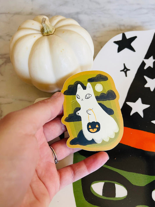 trick or treat ghost cat vinyl sticker