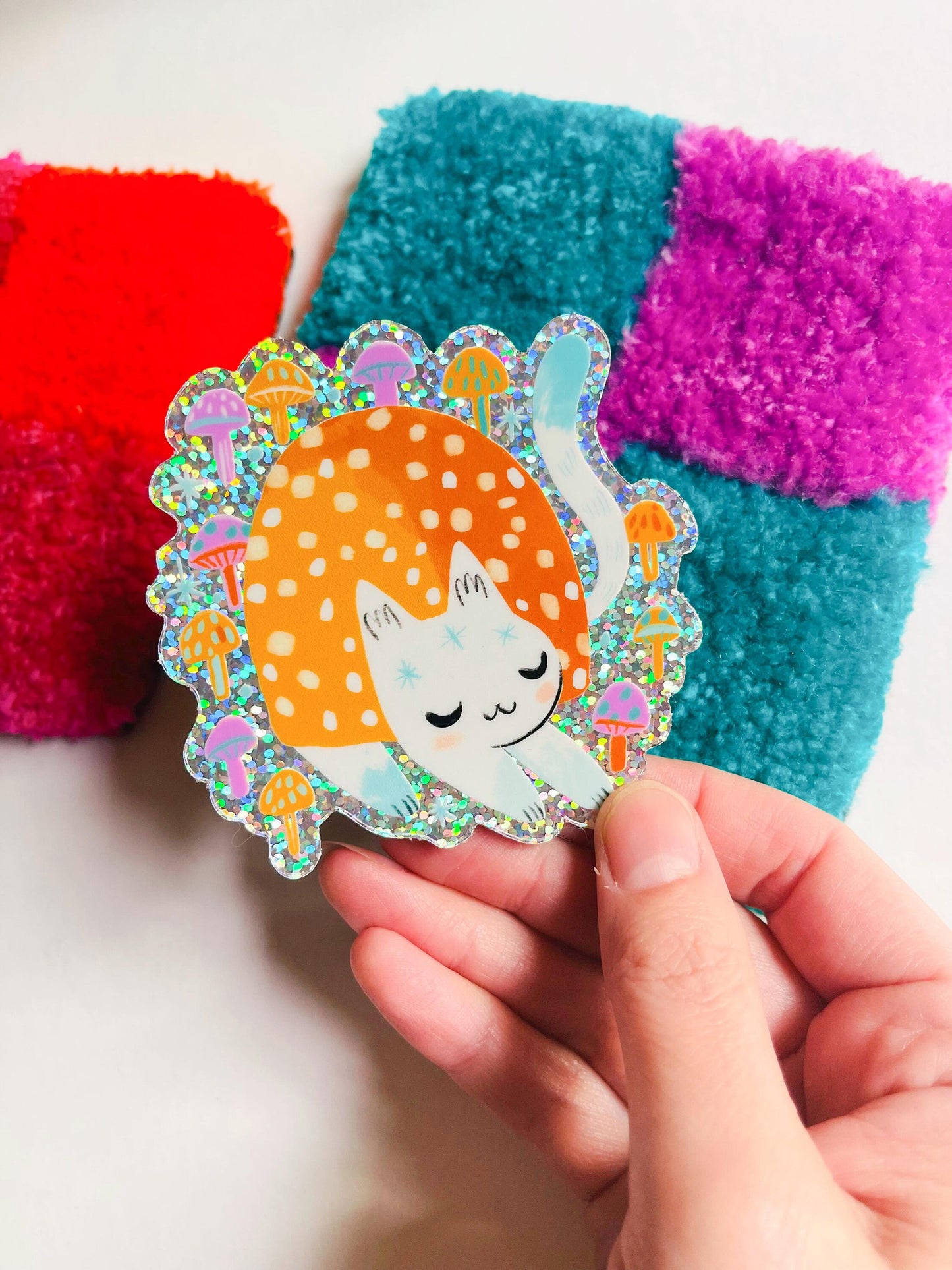 glitter sparkle sleepy mushroom cat vinyl sticker