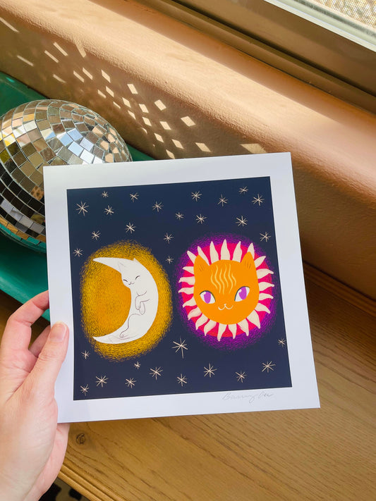 the moon and sun cats 8x8 high quality art print